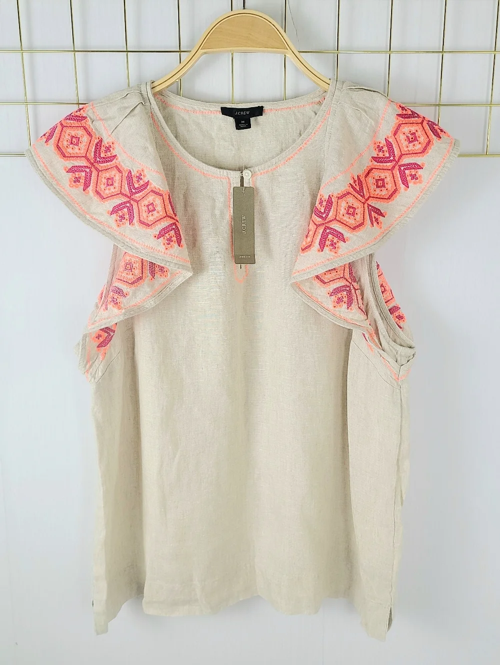 NWT J. Crew Linen Embroidered Flutter Sleeve Blouse Top